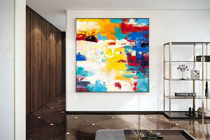 White Contemporary Yellow Abstract Canvas Artwork 6C0RJ wall art